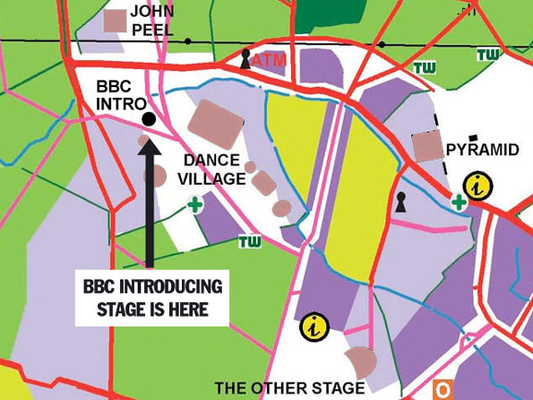 Map showing the BBC Introducing Stage at Glastonbury 2011