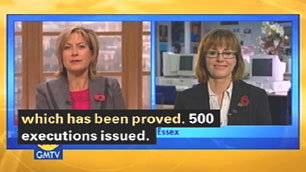 A still from GMTV Newshour, showing the subtitle '500 executions' instead of '500 exclusions'