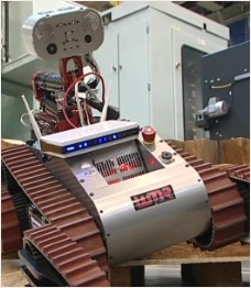 Rescue robot in action crossing the uneven block field which simulates rubble
