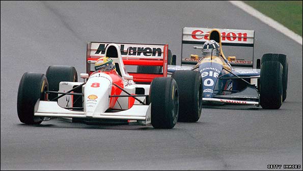 Ayrton Senna fights off Damon Hill in 1993