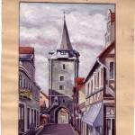 A painting of a German street scene, signed by a K, or H, or M Elkhardt; a gift presented after the war to Harold and Honor Blair of Winterbourne Gunner by one of the Wiltshire POWs