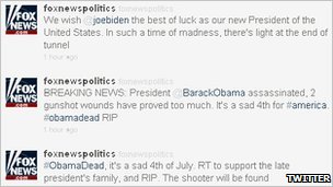 Fox News Politics feed displaying false messages posted by hackers