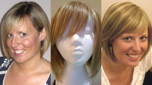 From left to right: Lisa with her original hair, the wig she chose, and wearing her new wig