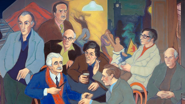 Poet's Pub by Sandy Moffat. From left to right are pictured: Norman MacCaig, Hugh MacDiarmid, Sorley Maclean, Iain Crichton Smith, George Mackay Brown, Sydney Goodsir Smith, Edwin Morgan and Robert Garioch. The setting is an amalgam of the interiors of their favourite drinking haunts in Edinburgh: Milne's Bar, the Abbotsford and the Café Royal.