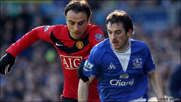 Leighton Baines in action against Manchester United