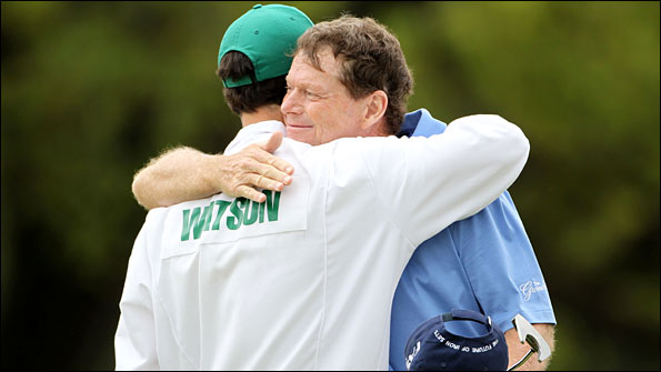 Tom Watson hugs his caddie and son Michael
