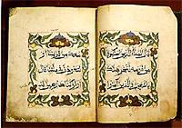 Plant shapes form borders around pages of Arabic text