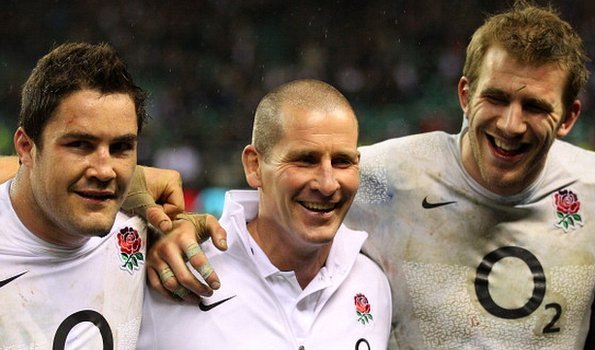 Stuart Lancaster (centre) with England players Ben Morgan and Tom Croft