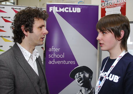 Michael Sheen with a Welsh FILMCLUB member at a pilot school