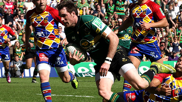 Northampton centre Jon Clarke scores their second try in the semi-final win over Perpignan