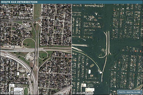 Route 610 before and after. Photo (c) DigitalGlobe