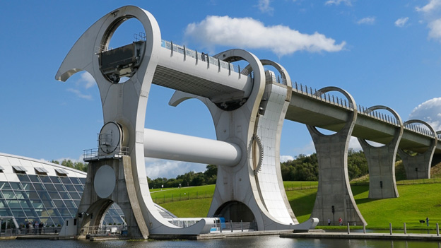 The Falkirk Wheel canal lock viewed from the basin below