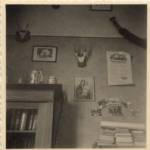 My uncle's room photographed in 1949. Mother Mary's still there! There is a dead-man's skull ink-painting on the wall . I think it says 1937 or 1938 right from my uncle's signature in the lower righthand corner.