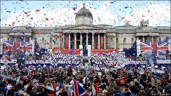 Fans celebrate with the Olympic and Paralympic Heroes in Trafalgar Square in 2008