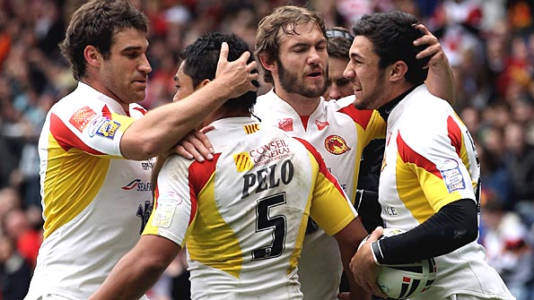 Catalan Dragons celebrate a try against Castleford Tigers