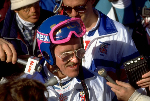 Eddie Edwards surrounded by the media in 1988 at the Calgary Olympics. Photo: Getty Images.