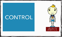 Male cartoon character standing on top of a small box named anxiety, next to a larger box named control