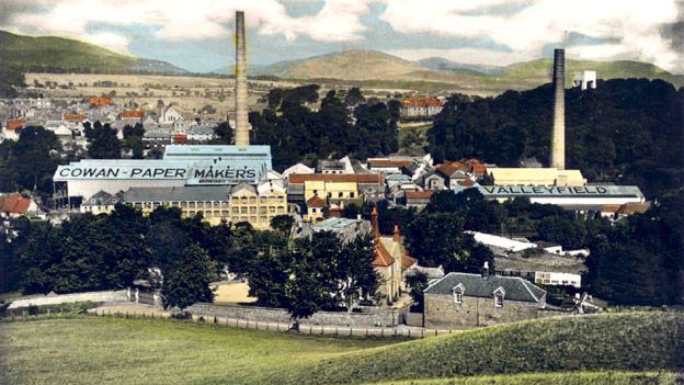 Hand-tinted postcard showing paper mills and surrounding housing at Penicuik