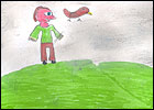 Dafydd ac aderyn ar ben bryn