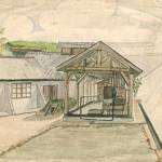 POW camp in Nagasaki, 1945. Fukoka No 2 Courtyard leading to Gallery, with wash place and tea tank in foreground.