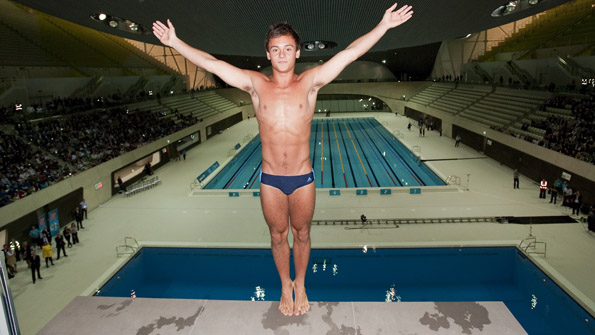 Team GB diver Tom Daley marks One Year to go in the Aquatics Centre in July 2011