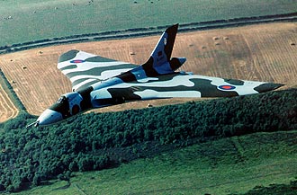 Vulcan bomber flying over southern England