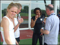 Kelly Holmes, two of the female athletes, and BBC Leicester's John Sinclair
