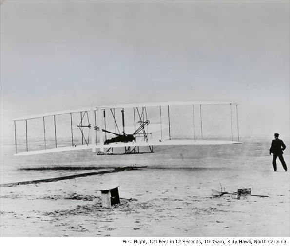 First Flight, 120 Feet in 12 Seconds, 10:35am, Kitty Hawk, North Carolina