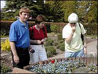 Paul, Diane and Veronica looking at forget me nots in a raised bed.