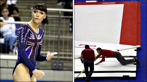 Rebecca Wing (left) and technicians fixing the floor