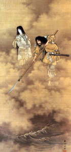 Female and male figures, Izanami and Izanagi, poking a spear down from heaven into the empty ocean