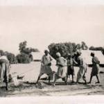 Cement mixing Egyptian style. Six Natives and a shovel, typical of these people, one holds the shovel, five pull on the rope, one pours on the water and so the cement is mixed.