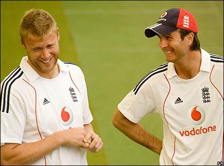 Andrew Flintoff and Michael Vaughan making light of England's predicament