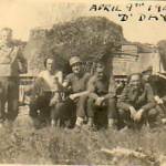 April 09, 1945 — ‘D-Day’ in Italy Gunners Williams, Short, Bombardier Davies, Driver Mechanic Cowman, L/Bombardier Duckworth G.P.O. ACK. Waiting for barrage to start.