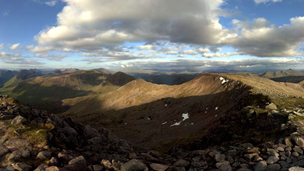 View from the rocky top of Ben Starav on a partly-cloudy day.