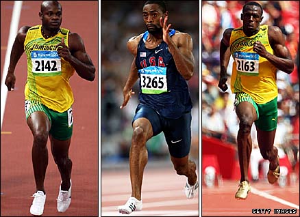 (l-r) Jamaica's Asafa Powell, America's Tyson Gay and Jamaica's Usain Bolt