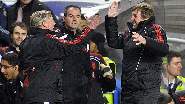 Dalglish celebrates Liverpool winner with coach Sammy Lee