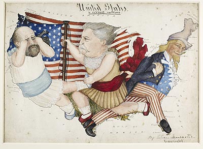 Political, cartoon-map of an American election by Lillian Lancaster Copyright British Library