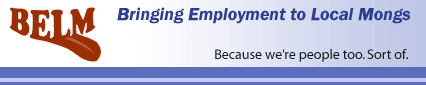 The BELM logo from the spoof website reads: 'Bringing Employment to Local Mongs' and 'Because we're people too. Sort of.'