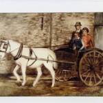 The picture, originally a photograph which became faded and so was carefully painted over, was taken by a local photographer showing John, his daughter Margaret, and evacuee Maureen, having a last ride with Queenie. Burneside, 1942. A copy of the original photograph was later found.