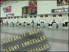 Deserted check-in desks at Newcastle airport on Thursday 15 April 2010