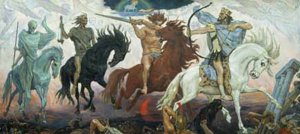 Painting of four figures on horses: a conquering figure on a white horse, a warlike figure on red, an emaciated figure on a black horse and the skeletal figure of Death on a pale ghostly horse. A lamb with a scroll is painted at the top of the picture