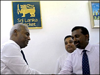 Minister Mahindananda Aluthgamage (R) with former SLC chief, Upali Dharmadasa (file photo)