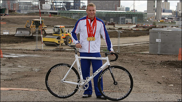 Chris Hoy at the site of the new Velorome in London