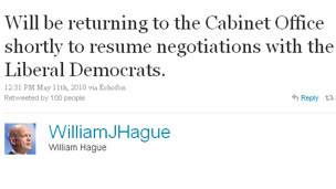 Tweet by William Hague announcing resumption of talks with Liberal Democrats