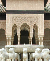 Court of the Lions, a paved space with a fountain surrounded by twelve lion statues, in Alhambra palace