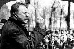 President Theodore Roosevelt (1858-1919) speaks to a crowd during a Western tour