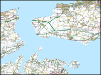 Thanet after a five metre rise in sea level, according to the computer simulation commissioned by Inside Out. © Crown copyright. All rights reserved. 