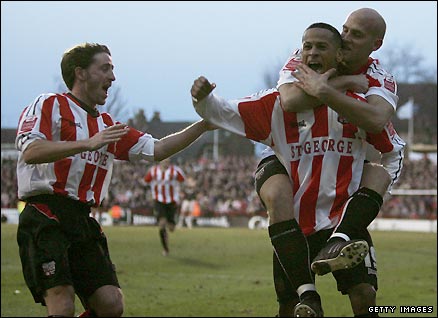 DJ Campbell celebrates scoring for Brentford against Sunderland in the FA Cup in January 2006.
