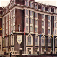 Driscoll House, showing the illuminated signs on the side of the house